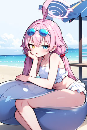 1girl, shoshino, halo, low twintails, eyewear on head, bikini,head rest,  amber-half-eye, blue-half-eye, pink hair, heavy-lidded eyes