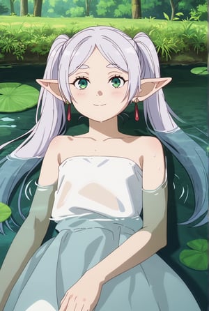 score_9, score_8_up, score_7_up, 1girl, FrierenSSnF, ((masterpiece, best quality)), (hyper detailed, detailed background), solo, closed mouth, grey hair, long hair, green eyes, (droopy eyes:1.2), half-opned eyes, twintails, parted bangs, earrings, pointy ears, FrierenCasual, forest_background, river, water, partially submerged, wet clothes, white dress, on water, immersed in water, evening light, lying down, looking at viewer, close up, bare shoulders, strapless dress, anime screencap, score_anime, smile, blush,