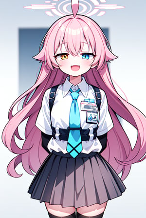 1girl, hoshino, halo, shirt, necktie, skirt, fingerless gloves, id card,(waving:1.1), :3, :d, close-up, white background, arms behind back, amber-half-eye, blue-half-eye, pink hair, heavy-lidded eyes