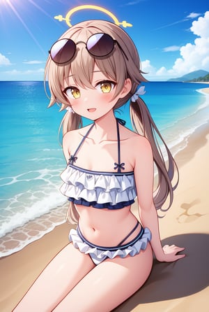 Hifumi(Swimsuit), sky, beach, swimsuit, looking at viewer, frilled bikini, day, bikini, cloud, outdoors, blue sky, twintails, long hair, light brown hair, eyewear on head, collarbone, solo, cowboy shot, frills, arms behind back, low twintails, ocean, sunglasses, white bikini, navel, yellow eyes, 1girl, halo, sitting