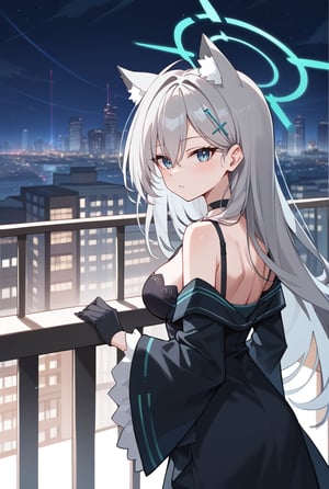 BLUE EYES, GREY HAIR, HAIRCLIP, LONG HAIR, ANIMAL EARS, HALO, BLACK CHOKER, BLACK strap DRESS, WIDE SLEEVES, BLACK GLOVES, 1girl, Overlooking cityscape, Night sky, Long silver hair, Cat ears, Balcony, City lights, Looking over shoulder
,shiroko terror \(blue archive\),score_9, score_8_up, score_7_up, score_6_up, score_5_up, score_4_up,