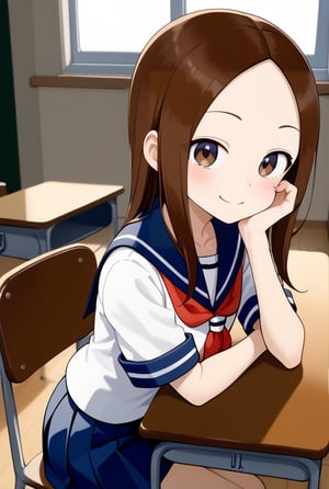 1girl, source_anime, aatakagi, solo, long hair, brown hair, parted bangs, collarbone, serafuku, sailor collar, red neckerchief, white shirt, short sleeves, pleated skirt, blue skirt, classroom, sitting, on chair, from side, looking at viewer, hand on own face, desk, smile, elbow on table,

