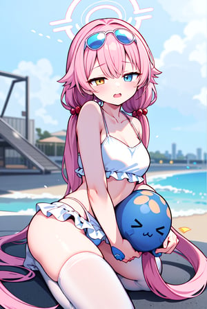 1girl, shoshino, halo, low twintails, eyewear on head, bikini,head rest,  amber-half-eye, blue-half-eye, pink hair, heavy-lidded eyes