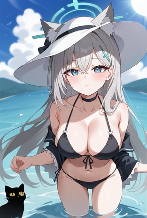 BLUE EYES, GREY HAIR, HAIRCLIP, LONG HAIR, ANIMAL EARS, HALO, BLACK CHOKER, 1girl, Black bikini, Sun hat, Flower on hat, Long silver hair, Cat ears, Halo, Hairclip, In water, Sunlight reflection, Hand on hat, Looking up, Water background, Sunny day,shiroko terror \(blue archive\)