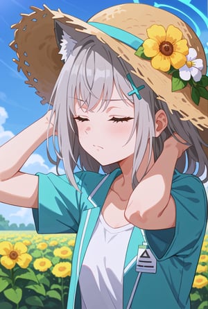 score_9, 1girl, solo, sun flower garden, shiroko-default, shiroko \(blue archive\), closed eyes, grey hair, hairclip, animal ears, halo, white one piece, straw hat, cowboy shot, bright background, flushing, shy, close up face, one hand behind head