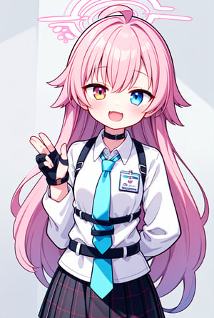 1girl, hoshino, halo, shirt, necktie, skirt, fingerless gloves, id card,(waving:1.1), :3, :d, close-up, white background, arms behind back, amber-half-eye, blue-half-eye, pink hair, heavy-lidded eyes