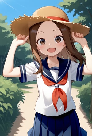 1girl, source_anime, aatakagi, solo, long hair, brown hair, parted bangs, collarbone, serafuku, sailor collar, red neckerchief, white shirt, short sleeves, pleated skirt, blue skirt, standing, cowboy shot, smile, outdoors,flushing, happy, open mouth, straw hat