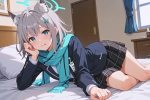 score_9, score_8_up, score_7_up, source_anime, shiroko sunaookami, animal ears, blue eyes, grey hair, hair ornament, hairpin, halo, medium hair, wolf ears,, checkered clothes, checkered skirt, school uniform, skirt, scarf,, indoors, bed, bed room, on side, blush, drunk, looking at viewer, solo, cowboy shot, dutch angle,beautiful_female_fingers