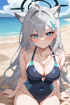 1girl, Swimsuit, One-piece swimsuit, Sitting on a dock, Beach background, Blue ocean, Sunny day, Long silver hair, Cat ears, Halo, Blush, Hairclip, Looking at viewer,shiroko terror \(blue archive\), face portrait