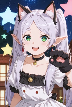 score_9, score_8_up, score_7_up, FrierenSSnF, ((masterpiece, best quality)), (hyper detailed), 1girl, solo, grey hair, long hair, green eyes, (droopy eyes:1.4), (big eyes:1.4), twintails, parted bangs, earrings, pointy ears, cat ears, cat gloves, black frilled dress, choker, cute expression, sparkle, sparkle background, sparkling eyes, star (symbol), looking at viewer, playful pose, blush, smiling, paw gesture, anime style, cat theme, detailed hair, detailed eyes, fantasy, light background, anime screencap, score_anime, (high quality, detailed, beautiful), shiny, detailed beautiful eyes, outstanding, countershading, detailed soft lighting, excited, (cowboy shot:1.4)
