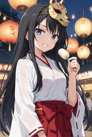 score_9, source_anime, anime screencap, anime coloring, BREAK1girl, solo, shiyukino, long hair, black hair, blue eyes, traditional miko attire, wearing a festival mask on her head, standing at a festival stall, glowing lanterns in the background, a slight smile on her face, holding a festival snack in one hand, beautiful_female_fingers, white haori and red hakama, serene festival atmosphere, (close up face:1.4)
