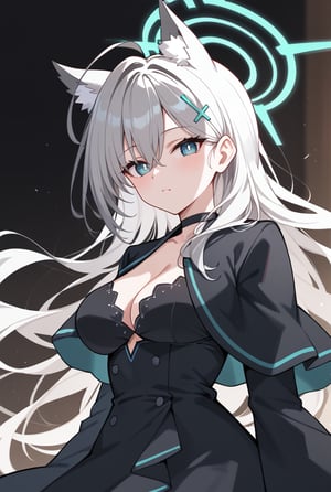 BLUE EYES, GREY HAIR, HAIRCLIP, LONG HAIR, ANIMAL EARS, HALO, BLACK CHOKER, BLACK CAPELET, BLACK DRESS, WIDE SLEEVES, BLACK GLOVES, 1girl, portrait, looking_at_viewer, blue_eyes, mismatched_pupils, polka_dot_background, shiroko-terror,, shiroko terror \(blue archive\), score_9, score_8_up, score_7_up, score_6_up, score_5_up, score_4_up,