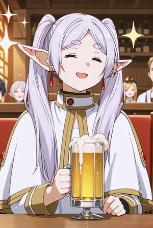 score_9, score_8_up, score_7_up, 1girl, FrierenSSnF, ((masterpiece, best quality)), (hyper detailed, detailed background), 1girl, frieren inside a Irish pub, holding a large glass of beer with overflowing foam,green eyes, (no nose:1.4), grey hair, twintails, thick eyebrows, pointy ears, white capelet,=w=, :3, = =, eyes closed, sparkle, sparkle background, star (symbol), looking at viewer, pub background, score_anime, anime screencap, 
