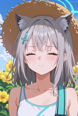 score_9, 1girl, solo, sun flower garden, shiroko-default, shiroko \(blue archive\), closed eyes, grey hair, hairclip, animal ears, halo, white one piece, straw hat, cowboy shot, bright background, flushing, shy, close up face, one hand behind head