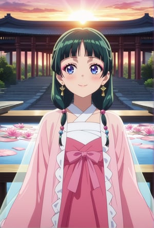 1girl, maomao, ((masterpiece, best quality)), (hyper detailed, detailed background), solo, green hair, long hair, blue eyes, BREAK blunt bangs, earrings, jewelry, looking up, sunset, golden hour, daytime sky, wide sleeves, frills, frilled dress, pink dress, white frills, purple frills, pink ribbon, pink skirt, bandaged arm, straight hair, hair over shoulder, hair beads, dancer dress, pink see-through shawl, makeup, pink eyeliner, looking to the side, low twintails, full body, BREAK score_9, score_8_up, score_7_up, score_6_up, anime, BREAK (high quality, detailed, beautiful), shiny, detailed beautiful eyes, outstanding, countershading, detailed soft lighting, score_anime, anime screencap, ((upper body)), ((dynamic pose)), serene lake, glowing sunset reflections, floating lotus flowers, calm waters, warm atmosphere, happy, smile, blush
