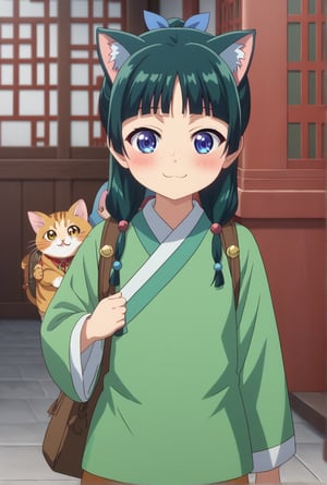 1girl, maomao, ((masterpiece, best quality)), (hyper detailed, detailed background), ((SD Character)), solo, green hair, long hair, blue eyes, BREAK :3, backpack, bag, blunt bangs, blush, cat ears, long sleeves, smile, chibi, freckles, light green hanfu, default clothes, chinese clothes, wide sleeves, default hairstyle, hair bun, hair ribbon, blue ribbon, sidelocks, hair beads, half updo, hair over shoulder, excited, low twintails, BREAK score_9, score_8_up, score_7_up, score_6_up, anime, BREAK (high quality, detailed, beautiful), shiny, detailed beautiful eyes, outstanding, countershading, detailed soft lighting