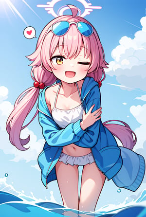 1girl, shoshino, halo, low twintails, eyewear on head, bikini, jacket,water, blue sky, splashing, object hug, reaching out, waving, :d, (spoken heart:1.2), lens flare, from below, leaning forward, one eye closed