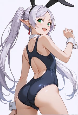 score_9, score_8_up, score_7_up, 1girl, FrierenSSnF, ((masterpiece, best quality)), (hyper detailed, clean background), solo, grey hair, long hair, green eyes, twintails, parted bangs, earrings, pointy ears, school swimsuit, black bow tie, bunny ears, cuffs, twisted torso, looking back, back view, looking at viewer, blush, smile, :d, open mouth, simple background, white background, score_anime, anime screencap,

