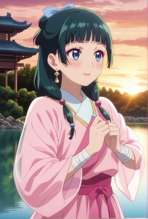 1girl, maomao, ((masterpiece, best quality)), (hyper detailed, detailed background), solo, green hair, long hair, blue eyes, BREAK blunt bangs, earrings, jewelry, looking up, sunset, golden hour, daytime sky, wide sleeves, frills, frilled dress, pink dress, white frills, purple frills, pink ribbon, pink skirt, bandaged arm, straight hair, hair over shoulder, hair beads, dancer dress, pink see-through shawl, makeup, pink eyeliner, looking to the side, low twintails, full body, BREAK score_9, score_8_up, score_7_up, score_6_up, anime, BREAK (high quality, detailed, beautiful), shiny, detailed beautiful eyes, outstanding, countershading, detailed soft lighting, score_anime, anime screencap, ((upper body)), ((dynamic pose)), serene lake, glowing sunset reflections, floating lotus flowers, calm waters, warm atmosphere, happy, smile, blush
