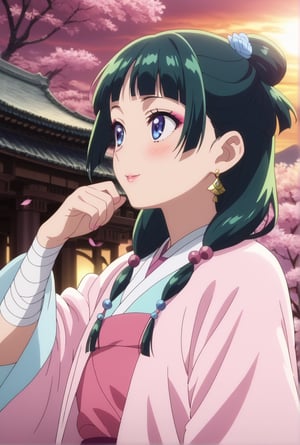 1girl, maomao, ((masterpiece, best quality)), (hyper detailed, detailed background), solo, green hair, long hair, blue eyes, BREAK blunt bangs, earrings, jewelry, looking up, sunset, golden hour, daytime sky, wide sleeves, frills, frilled dress, pink dress, white frills, purple frills, pink ribbon, pink skirt, bandaged arm, straight hair, hair over shoulder, hair beads, dancer dress, pink see-through shawl, makeup, pink eyeliner, looking to the side, low twintails, full body, BREAK score_9, score_8_up, score_7_up, score_6_up, anime, BREAK (high quality, detailed, beautiful), shiny, detailed beautiful eyes, outstanding, countershading, detailed soft lighting, score_anime, anime screencap, ((upper body)), ((dynamic pose)), serene lake, glowing sunset reflections, floating lotus flowers, calm waters, warm atmosphere, happy, smile, blush
