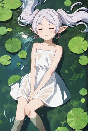 score_9, score_8_up, score_7_up, 1girl, FrierenSSnF, ((masterpiece, best quality)), (hyper detailed, detailed background), solo, closed mouth, grey hair, long hair, closed eyes, twintails, parted bangs, earrings, pointy ears, FrierenCasual, forest_background, river, water, partially submerged, wet clothes, white dress, on water, immersed in water, evening light, lying down, looking at viewer, close up, bare shoulders, strapless dress, anime screencap, score_anime, blush,