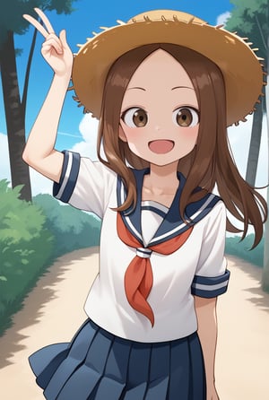 1girl, source_anime, aatakagi, solo, long hair, brown hair, parted bangs, collarbone, serafuku, sailor collar, red neckerchief, white shirt, short sleeves, pleated skirt, blue skirt, standing, cowboy shot, smile, outdoors,flushing, happy, open mouth, straw hat
