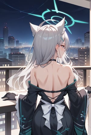 BLUE EYES, GREY HAIR, HAIRCLIP, LONG HAIR, ANIMAL EARS, HALO, BLACK CHOKER, BLACK strap DRESS, WIDE SLEEVES, BLACK GLOVES, 1girl, Overlooking cityscape, Night sky, Long silver hair, Cat ears, Balcony, City lights, back view
,shiroko terror \(blue archive\),score_9, score_8_up, score_7_up, score_6_up, score_5_up, score_4_up, face portrait