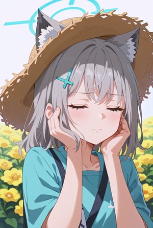 score_9, 1girl, solo, sun flower garden, shiroko-default, shiroko \(blue archive\), closed eyes, grey hair, hairclip, animal ears, halo, white one piece, straw hat, cowboy shot, bright background, flushing, shy, close up face, one hand behind head