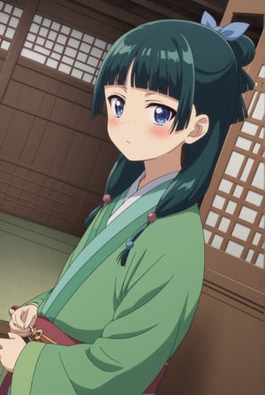 source_anime, ((masterpiece, best quality)), (hyper detailed, detailed background), 1girl, solo, maomao, long hair, bangs, blue eyes, hair ornament, green hair, blunt bangs, freckles, hair bun, single hair bun, japanese clothes, indoors, on side, looking at viewer, cowboy shot, dutch angle, blush