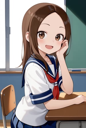 1girl, source_anime, aatakagi, solo, long hair, brown hair, parted bangs, collarbone, serafuku, sailor collar, red neckerchief, white shirt, short sleeves, pleated skirt, blue skirt, classroom, sitting, on chair, from side, looking at viewer, hand on own face, desk, smile, elbow on table,flushing, happy, open mouth

