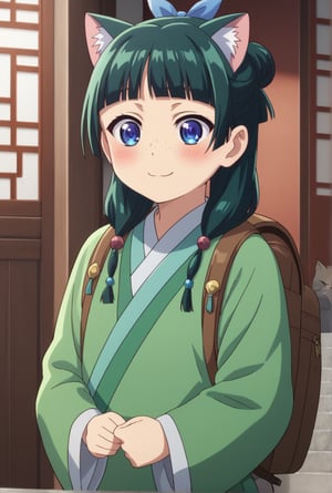 1girl, maomao, ((masterpiece, best quality)), (hyper detailed, detailed background), solo, green hair, long hair, blue eyes, BREAK :3, backpack, bag, blunt bangs, blush, cat ears, long sleeves, smile, chibi, freckles, light green hanfu, default clothes, chinese clothes, wide sleeves, default hairstyle, hair bun, hair ribbon, blue ribbon, sidelocks, hair beads, half updo, hair over shoulder, excited, low twintails, BREAK score_9, score_8_up, score_7_up, score_6_up, anime, BREAK (high quality, detailed, beautiful), shiny, detailed beautiful eyes, outstanding, countershading, detailed soft lighting