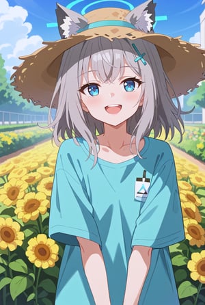 score_9, 1girl, solo, sun flower garden, shiroko-default, shiroko \(blue archive\), blue eyes, grey hair, hairclip, animal ears, halo, white onepiece, straw hat, cowboy shot, bright background, flushing,blush,happy,mouth_open, 