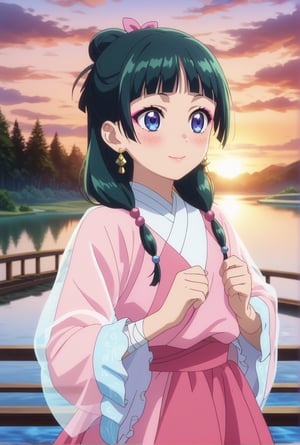 1girl, maomao, ((masterpiece, best quality)), (hyper detailed, detailed background), solo, green hair, long hair, blue eyes, BREAK blunt bangs, earrings, jewelry, looking up, sunset, golden hour, daytime sky, wide sleeves, frills, frilled dress, pink dress, white frills, purple frills, pink ribbon, pink skirt, bandaged arm, straight hair, hair over shoulder, hair beads, dancer dress, pink see-through shawl, makeup, pink eyeliner, looking to the side, low twintails, full body, BREAK score_9, score_8_up, score_7_up, score_6_up, anime, BREAK (high quality, detailed, beautiful), shiny, detailed beautiful eyes, outstanding, countershading, detailed soft lighting, score_anime, anime screencap, ((upper body)), ((dynamic pose)), serene lake, glowing sunset reflections, floating lotus flowers, calm waters, warm atmosphere, happy, smile, blush
