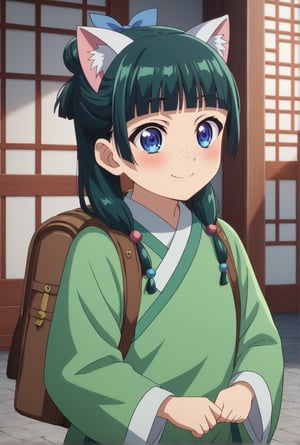 1girl, maomao, ((masterpiece, best quality)), (hyper detailed, detailed background), solo, green hair, long hair, blue eyes, BREAK :3, backpack, bag, blunt bangs, blush, cat ears, long sleeves, smile, chibi, freckles, light green hanfu, default clothes, chinese clothes, wide sleeves, default hairstyle, hair bun, hair ribbon, blue ribbon, sidelocks, hair beads, half updo, hair over shoulder, excited, low twintails, BREAK score_9, score_8_up, score_7_up, score_6_up, anime, BREAK (high quality, detailed, beautiful), shiny, detailed beautiful eyes, outstanding, countershading, detailed soft lighting