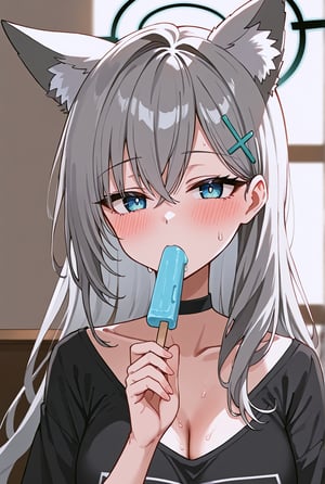 ((masterpiece, best quality)), (hyper detailed), 1girl, shiroko terror \(blue archive\), BLUE EYES, GREY HAIR, HAIRCLIP, LONG HAIR, ANIMAL EARS, HALO, flushed face, sweat, expressive eyes, tired expression, wearing black off-shoulder t-shirt, choker, blue popsicle, holding popsicle in mouth, relaxed expression, minimal background, upper body focus, close-up, detailed hair, detailed face, cool tones, casual outfit, slight blush, summer vibe, soft lighting,source_anime,BREAK, (look at viewer:1.4),beautiful_female_fingers, 