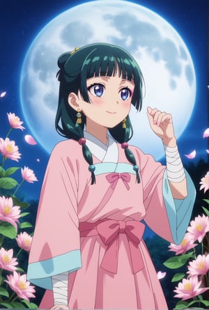 1girl, maomao, ((masterpiece, best quality)), (hyper detailed, detailed background), solo, green hair, long hair, blue eyes, BREAK blunt bangs, earrings, jewelry, looking up, night, moon, starry sky, wide sleeves, frills, frilled dress, pink dress, white frills, purple frills, pink ribbon, pink skirt, bandaged arm, straight hair, hair over shoulder, hair beads, dancer dress, pink see-through shawl, makeup, pink eyeliner, looking to the side, low twintails, full body, BREAK score_9, score_8_up, score_7_up, score_6_up, anime, BREAK (high quality, detailed, beautiful), shiny, detailed beautiful eyes, outstanding, countershading, detailed soft lighting, score_anime, anime screencap, ((upper body)), ((dynamic pose)), serene lake, reflecting moonlight, floating lotus flowers, calm waters, misty surroundings, tranquil atmosphere, happy, smile, blush