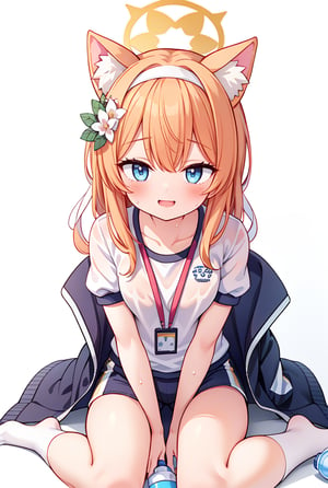 ((masterpiece,best quality)),((white background)),mariTrack, 1girl, mari (blue archive), solo, animal ears, halo, bottle, flower, official alternate costume, hair ornament, hair flower, orange hair, long hair, jacket, gym uniform, water bottle, looking at viewer, blue eyes, hairband, blush, sitting, animal ear fluff, white hairband, holding, sweat, holding bottle, locker, shirt, bangs, white shirt, track jacket, socks, short sleeves, white socks, shorts, buruma,smile, blush, lean forward, (see through), sweat,
