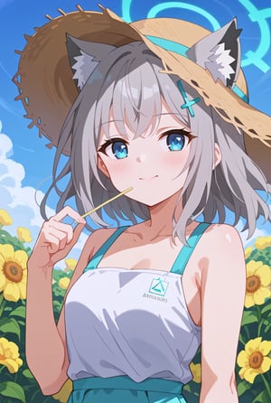 score_9, 1girl, solo, sun flower garden, shiroko-default, shiroko \(blue archive\), blue eyes, grey hair, hairclip, animal ears, halo, white onepiece, straw hat, cowboy shot, bright background, flushing,blush,happy,mouth_open, 