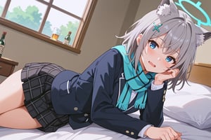 score_9, score_8_up, score_7_up, source_anime, shiroko sunaookami, animal ears, blue eyes, grey hair, hair ornament, hairpin, halo, medium hair, wolf ears,, checkered clothes, checkered skirt, school uniform, skirt, scarf,, indoors, bed, bed room, on side, blush, drunk, looking at viewer, solo, cowboy shot, dutch angle,beautiful_female_fingers