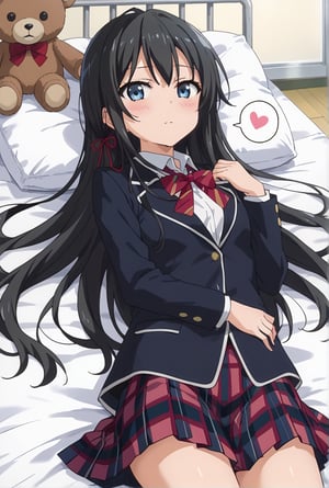 score_9, source_anime, anime screencap, anime coloring, 1girl, solo, shiyukino, long hair, black hair, blue eyes, ribbon, school uniform, hair ribbon, black jacket, plaid skirt, blazer, sobu high school uniform, (lying bed:1.4), hand resting on chest, legs slightly bent, blush, shy expression, teddy bear, relaxed atmosphere.,beautiful_female_fingers, spoken heart,