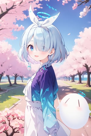 sfw, 1girl, Arona, (blue halo:1.2), blue eyes, blue hair, short hair, single braid, hair over one eye, flat chest, (white hairband:1.2), white hair bow, ghost white tunic, w arms, hillside covered in cherry blossom trees in bloom, midday lighting, idyllic and picturesque scenery, smile