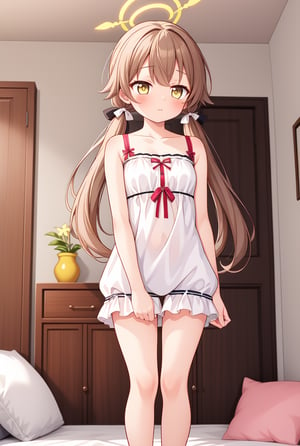 1girl, solo, (masterpiece, best quality), indoors, bedroom, blush, thighs, hifumi, yellow eyes, light brown hair, bangs, long hair, low twintails, tied, hair ribbon, halo, standing, sleepwear, arms between legs, small breasts, expressionless