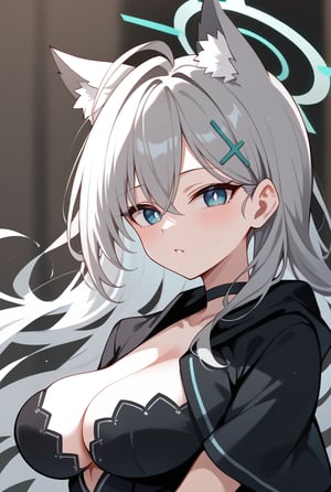 BLUE EYES, GREY HAIR, HAIRCLIP, LONG HAIR, ANIMAL EARS, HALO, BLACK CHOKER, BLACK CAPELET, BLACK DRESS, WIDE SLEEVES, BLACK GLOVES, 1girl, portrait, looking_at_viewer, blue_eyes, mismatched_pupils, polka_dot_background, shiroko-terror,, shiroko terror \(blue archive\), score_9, score_8_up, score_7_up, score_6_up, score_5_up, score_4_up,