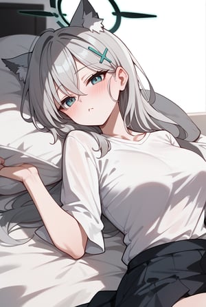 1girl, Lying on bed, White shirt, Blushing, Long silver hair, Cat ears, Halo, Hairclip, Looking at viewer, Bedroom background,shiroko terror \(blue archive\),score_9, score_8_up, score_7_up, score_6_up, score_5_up, score_4_up,