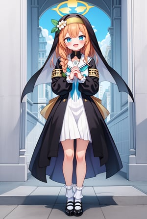 masterpiece, best quality, ultra-detailed, 1girl, 1girl, bangs, black footwear, blue neckerchief, blush, braid, dress, flower, full body, habit, halo, hat, long sleeves, looking at viewer, mari, neckerchief, nun, open mouth, own hands together, sailor collar, shoes, single braid, smile, socks, solo, white sailor collar, white socks, standing 
