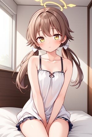 1girl, solo, (masterpiece, best quality), indoors, bedroom, blush, thighs, hifumi, yellow eyes, light brown hair, bangs, long hair, low twintails, tied, hair ribbon, halo, standing, sleepwear, arms between legs, small breasts, expressionless, sitting