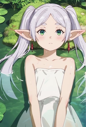 score_9, score_8_up, score_7_up, 1girl, FrierenSSnF, ((masterpiece, best quality)), (hyper detailed, detailed background), solo, closed mouth, grey hair, long hair, green eyes, (droopy eyes:1.2), half-opned eyes, twintails, parted bangs, earrings, pointy ears, FrierenCasual, forest_background, river, water, partially submerged, wet clothes, white dress, on water, immersed in water, evening light, lying down, looking at viewer, close up, bare shoulders, strapless dress, anime screencap, score_anime, blush,