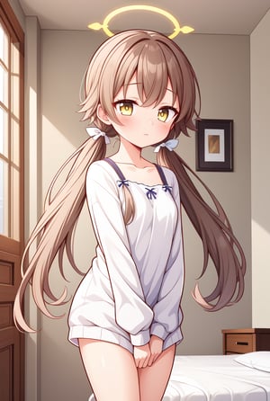 1girl, solo, (masterpiece, best quality), indoors, bedroom, blush, thighs, hifumi, yellow eyes, light brown hair, bangs, long hair, low twintails, tied, hair ribbon, halo, standing, sleepwear, arms between legs, small breasts, expressionless