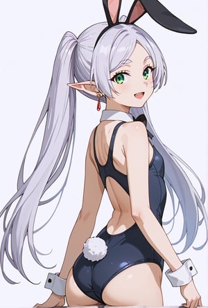 score_9, score_8_up, score_7_up, 1girl, FrierenSSnF, ((masterpiece, best quality)), (hyper detailed, clean background), solo, grey hair, long hair, green eyes, twintails, parted bangs, earrings, pointy ears, school swimsuit, black bow tie, bunny ears, cuffs, twisted torso, looking back, back view, looking at viewer, blush, smile, :d, open mouth, simple background, white background, score_anime, anime screencap,

