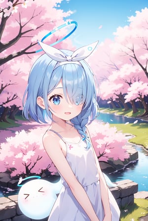 sfw, 1girl, Arona, (blue halo:1.2), blue eyes, blue hair, short hair, single braid, hair over one eye, flat chest, (white hairband:1.2), white hair bow, ghost white tunic, w arms, hillside covered in cherry blossom trees in bloom, midday lighting, idyllic and picturesque scenery, smile